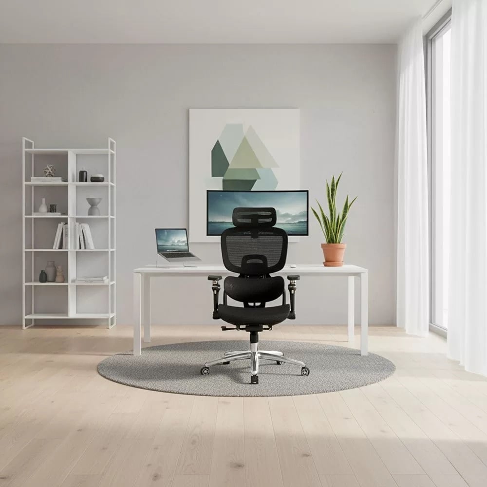 Scaun ergonomic negru din mesh, șezut cu ventilație și suport lombar cu încălzire și masaj SYYT 9521 Negru